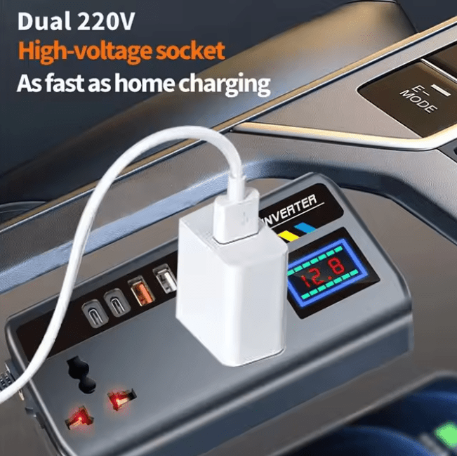 Multi-Port Car Inverter with Dual AC Socket & Digital Display